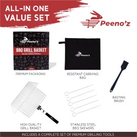 PEENOZ Grill Basket with Removable Handle - Heavy-Duty Stainless Steel 11.5 x 9.5 x 1.5 Inches Grilling Basket for Outdoor Grill, Perfect Camping BBQ rack for Vegetables, Fish, Shrimp, and Barbeque