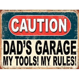 Shawprint Caution Dad's Garage My Tools! My Rules! Funny Metal Signs Home Pub Indoor & Outdoor Garden Bar Garage Vintage Wall Plaque Gift Retro (10” x 8”)