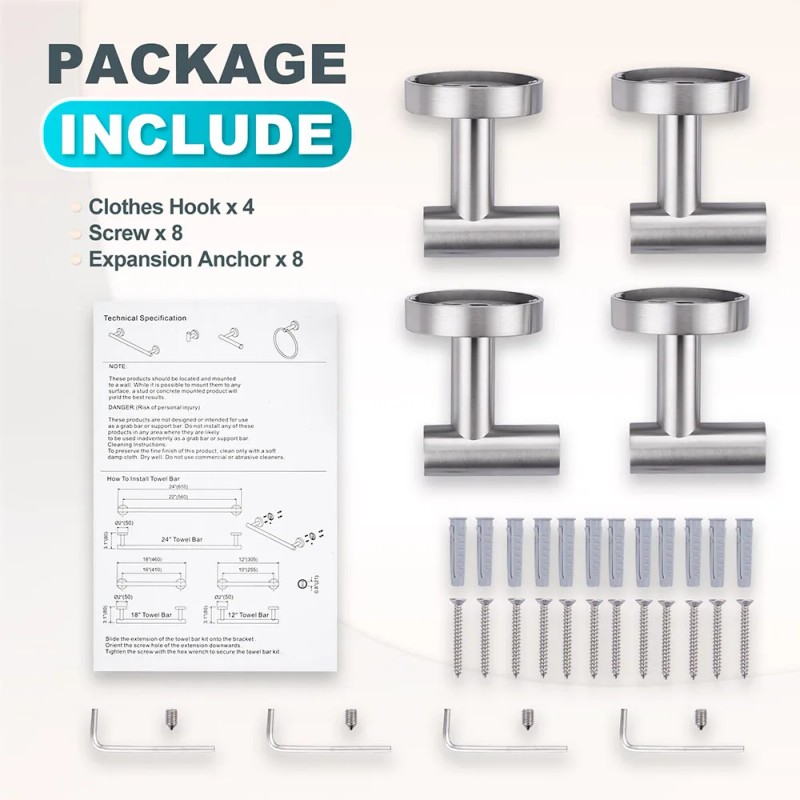 4 Pack Towel Hook SUS 304 Stainless Steel Coat Hooks,Shiny