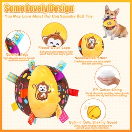 VerdeVilla Dog Squeak Ball Toys with Tags, Interactive Dog Toys, Soft Stuffed Puppy Toys with Built-in Bell, Dog Chew Toys to Keep Them Busy for Small Medium Large Dogs - 6 Inches, Brown