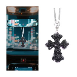 FALVFUN Bling Cross Car Rear View Mirror Hanging Ornament, Crystal Rhinestones Religious Vehicle Rearview Mirror Pendant Charm, Auto Interior Decoration Accessories, Universal Fit (Black)