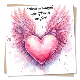 Religious Birthday Card - Friends Are Angels Who Lift Us To Our Feet - Angel Wings with Heart - Beautiful Pink Heart - Friendship Birthday Card For Women, Friend, Best Friend, Loved One, Partner