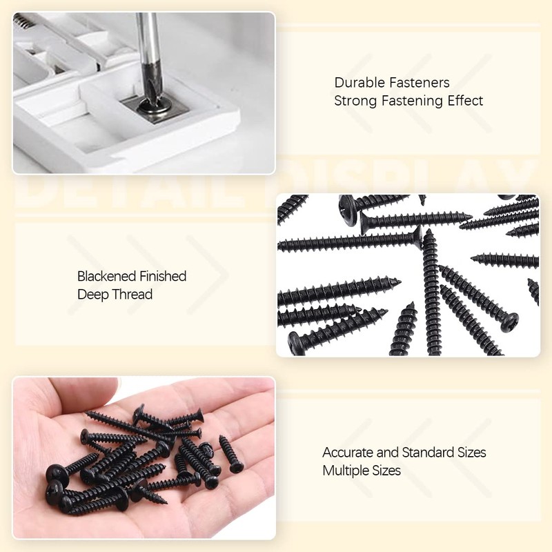 Rustark 490Pcs #6#8#10 Black Wood Screws Assortment Kit, Pan Head&Flat
