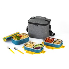 Lille Home 3-Tier Stainless Steel Lunch Box, Portable 82oz Large Capacity Leak-Proof Bento Box,5-Compartment Lunch Box With Lunch Bag And Utensils, Suitable For Work, Camping, Fitness (Blue)