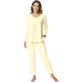 NACHILA Pajamas for Women-Viscose Made from Bamboo,Long Sleeve Pajama Sets Comfy Loungewear Pleated Pjs Yellow XL