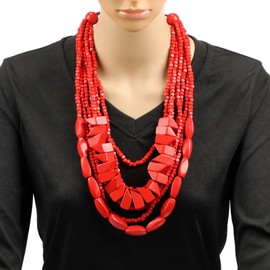 Florate Big Long Colorful Chunky Statement Wood Bead Necklace for Women African Vintage Ethnic Multi Layers Pendant Bib Bohemian Jewelry (NXR1459-red)