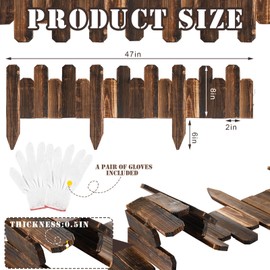 Bucherry 1 Pc Staggered Wood Garden Edging Border Short Picket Fence Burnt Wood Finish Outdoor Landscape Flower Bed Decorative Borders with Gloves for Spring Garden Lawn Yard,7.9 x 47 Inches