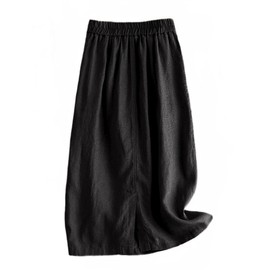Kinghua Womens Linen Skirt Elastic High Waisted Casual Straight Cotton Linen Midi Skirt with Slit, Black, Large