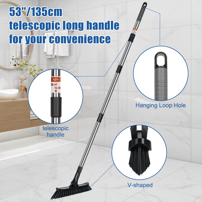 Qaestfy Grout Brush with Long Handle for Cleaning, Stiff Bristles