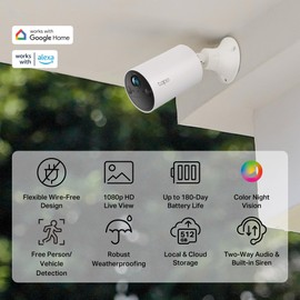 TP-Link 𝗧𝗮𝗽𝗼 Wireless Outdoor Security Camera, 1080P, Up to 180 Days of Battery Life, Free Person Detection, SD/Cloud Storage, Spotlight Color Night Vision, No Hub Needed, Works w/Alexa, Tapo C402
