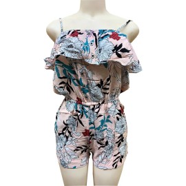 Toson Women Jumpsuit Romper Holiday Summer Sundress Pink Base Floral W/ Button XL