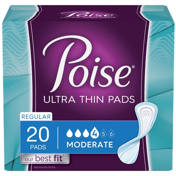 Poise Ultra Thin Incontinence Pads, Moderate Absorbency, Regular, Unscented, 80 Count (4 Packs of 20)