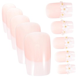 OHPHCALL French Pearl Flower Press On Nails 24 Pcs Handmade False Nail Tips for Women Easy to Apply Manicure Supplies
