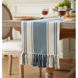 Caflife Boho Table Runner Blue and White for Modern Farmhouse Decor, Natural Cotton Woven Runner with Tassels for Home Dining Table décor 13 x 108 Inch Long