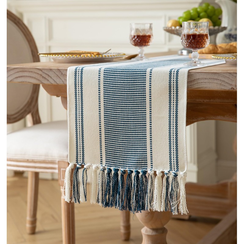 Caflife Boho Table Runner Blue and White for Modern Farmhouse