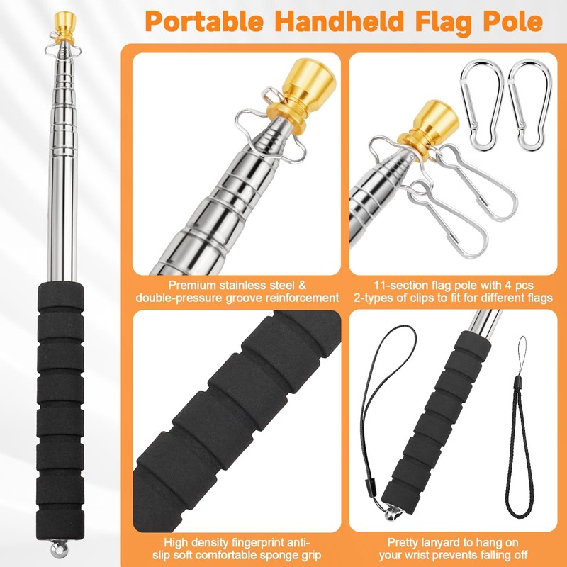 Telescopic Portable Handheld Flag Pole and 3'x5' American US Flag