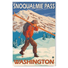 Lantern Press 12x18 Inch Premium Wood Sign, Ready to Hang Wall Decor, Skier Carrying Snow Skis, Snoqualmie Pass, WA