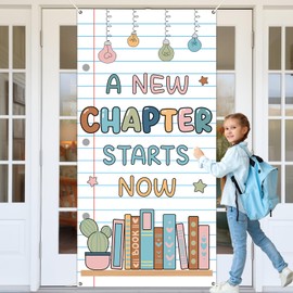 Wiooffeen Back to School Door Cover Banner First Day of School Classroom Door Cover Welcome Classroom Decoration A New Chapter Starts Now Doors Composition Notebook Wall Decor Porch Sign for Classroom