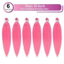 EZ Braids Professional Yaki Texture Synthetic Braiding Hair - 26 Inch Pink Pre Stretched, 6 Pcs/Lot, Hot Water Setting for Box Braids