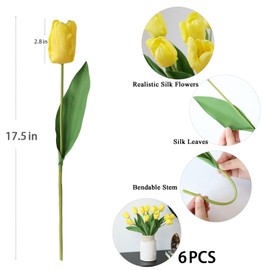 mizii 6Pcs Artificial Tulips Flowers Yellow Fake Silk Tulips Flower Realistic Faux Tulip Flores for Wedding Decorations Table Centerpieces Flower Arrangement Dresser Vase Home Room Decor (Yellow)