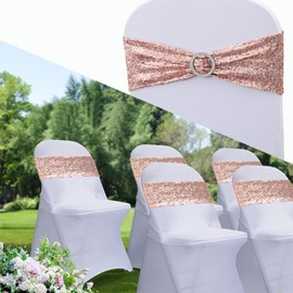 WENSINL All Sequin Rose Gold Chair Sashes 50 Pack, Rose Gold Sequin Chair Sashes Bows for Wedding Party Folding Chairs Decorations, Sequins Chair Bands with Buckles for Fiestas Decor