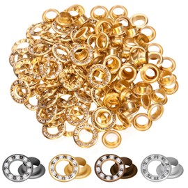Mardatt 100 Sets 1/4” Rhinestone Eyelet Grommet Kit, Rhinestone Metal Grommet Rhinestone Eyelet Fittings Eyelet Grommets Kit with Washer, Hole Punch for Clothing Shoe DIY Crafts(Gold)