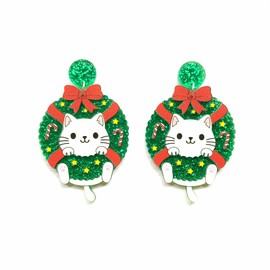 Christmas Garland Theme Drop Dangle Earrings Acrylic Cat Dog Puppy Sloth Pet Animal Red Bow Knot Lucky Star Charm Studs Earring for Women Teen Girls Daughter Xmas Jewelry Gifts Sensitive Ears (Cat)