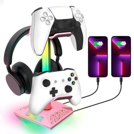 XIULIUU RGB Headphone Stand, 3-in-1 PC Gaming Controller Holder Headphones Hanger with 10 Light Mode, 2 USB Charging Port, Headphone Stand Under Desk, Universal Headset Controllers Hook (Pink)