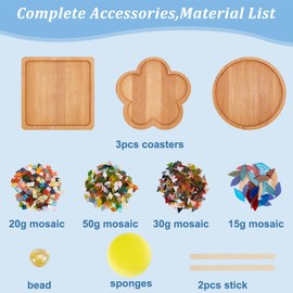 WEBEEDY 3 Set DIY Mosaic Coaster Kit Mosaic Tiles for Crafts, Glass Mixed Color Mosaic Kits with Bamboo Coaster for Adults Household Decoration Christmas Holiday Birthday Gift(Flower/Square/Round)