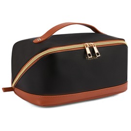 Telena - Bolsa de maquillaje de gran capacidad, bolsa de cosméticos de viaje portátil, piel sintética, impermeable, organizador de maquillaje para mujeres con asa y divisor abierto plano, 0-Black with Brown