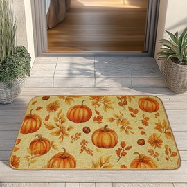 Pumpkin Leaves Autumn Door Mat, Non-Slip Low Profile Front Door Welcome Mats Indoor Entrance 30x17 Inch, Summer Entryway Rug for Home