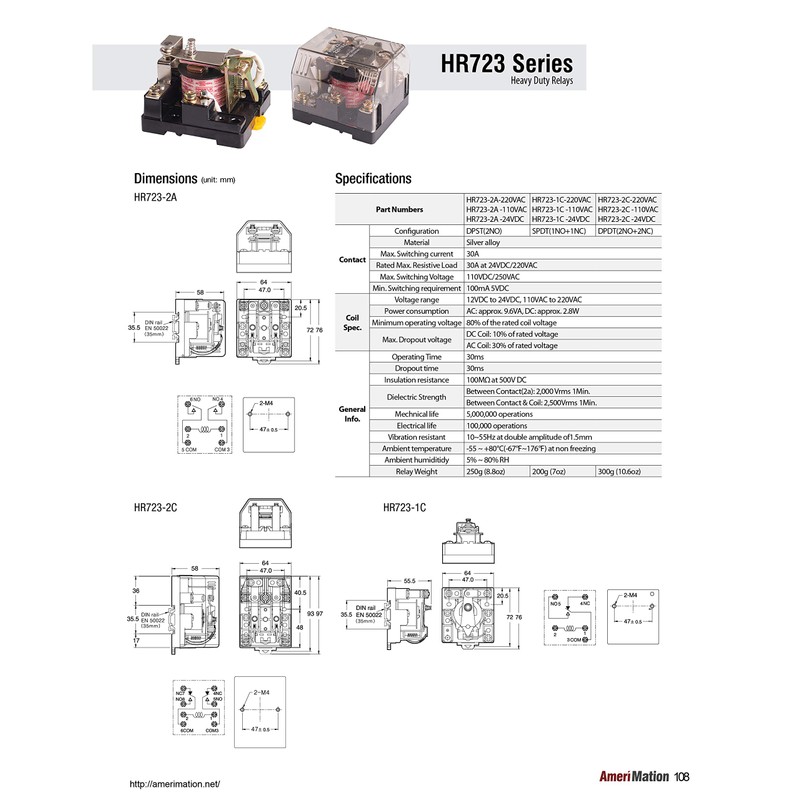 HR723-2C-220VAC, Electro Mechanical Power Relay, Panel Mount & Screw terminals,