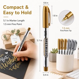 HAUSTGO Gold and Silver Metallic Markers - 8 Pack Fine Point Metallic Marker Pens - 1.5mm Bullet Tip for Black Paper, Scrapbooking, Card Making, Fabric, Glass, Wood, Rock Painting and DIY Crafts
