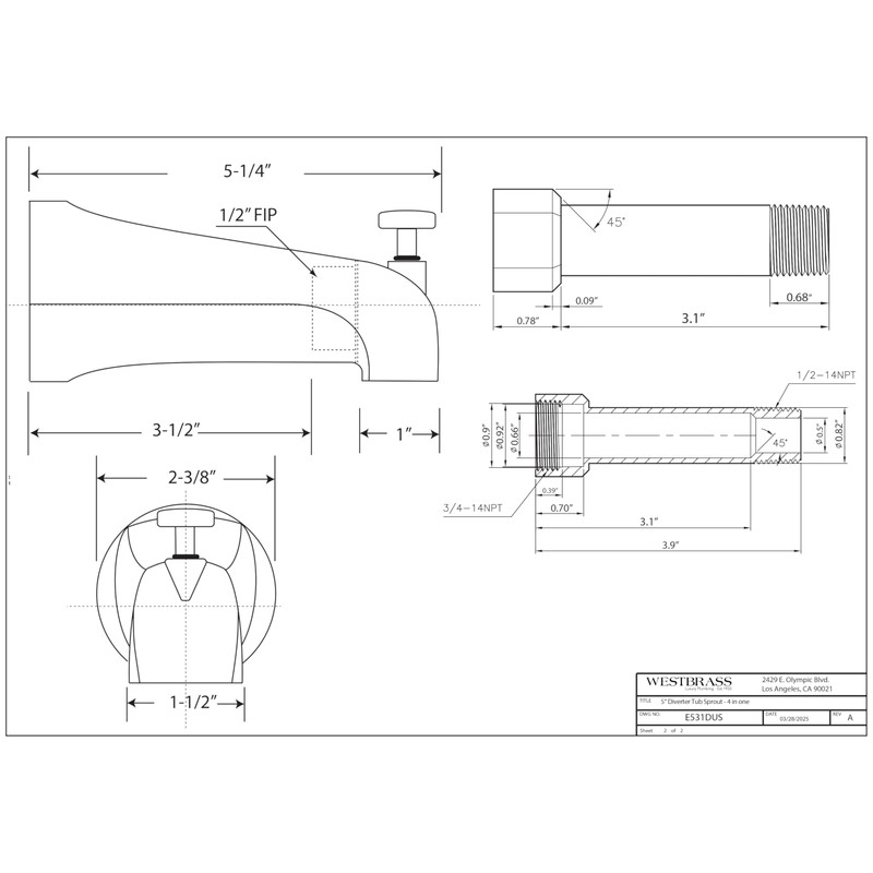Westbrass E531DUS-07 Universal Fit 5-1/4" Diverter Tub Spout, Zinc, Satin