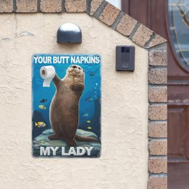 River Otter Humor Tin Sign 8X12IN Playful Metal Wall Art for Cottage Bathroom, Pet Spa & Coastal Home Decor