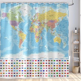 World Map Shower Curtain, Funny World Map National Educational Shower Curtain Set, Kids Boys Girls Geography Fabric Shower Curtain for Bathroom with 12PCS Hooks 72X72IN