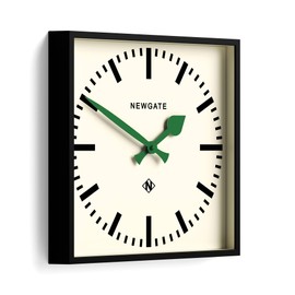 NEWGATE® Number Five Wall Clock | Square Retro Inspired Modern Station Clock | 16 inch | Black with Green Hands | Mid Century Style for Kitchen, Living Room or Office