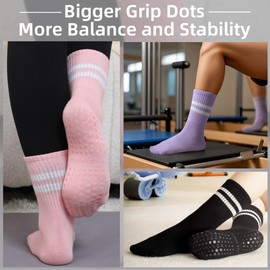 Raylarnia Long Pilates Socks with Grips for Women, Yoga Crew Non-Slip, Grippy Ankle Barre Hospital Sticky Socks 5 Pairs