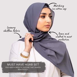 KHELANI Premium Chiffon Hijab Scarf for Women – Lightweight, Soft, and Breathable | Luxury Modest Wear with Matching Ice Cotton Undercap, Non-Slip Head Scarf Shawl (170cm x 80cm) (Charcoal Grey)