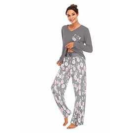 Famulily Womens Pajama Set Long Sleeve Sleepwear Floral Print Nightwear Soft Pjs Lounge Sets with Pockets Dark Grey M