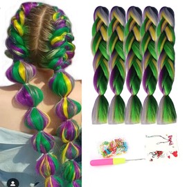 Mix Braiding Hair Extensions Synthetic Jumbo Hair for Crochet Box Braids Twist Braid Yellow Green Purple Grey 4 Colors (Yellow-Green-Purple-Grey)