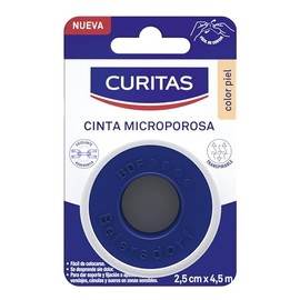 Curitas Cinta Microporosa color Piel de 2.5 cm x 4.5 cm, Transpirable, de fácil colocación, se desprende sin dolor, ideal para dar soporte y fijación, 1 pieza