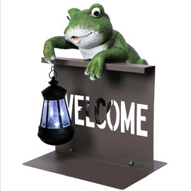Afirst Solar Garden Statues Outdoor Figurine Lights Cute Frog Scuplture Holding Lantern with Welcome Fence Solar Hanging Decor for Garden Outdoor Decoration