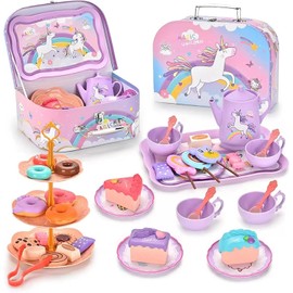 44Pcs Unicorn Tea Party Set for Little Girls, Pretend Plastic Teapot Set, Princess Tea Time Play Kitchen Toy with Dessert, Carrying Case for Birthday Kids Toddlers Age 3 4 5 6