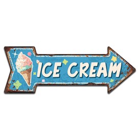Ice Cream Embossed Metal Sign - Vintage Diner Ice Cream Sign for Kitchen or Man Cave, Arrow Tin Sign 6 x 18 Inch