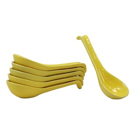 Ebros Japanese Contemporary Colorful Glossy Porcelain Soup Spoons With Ladle Hook Pack Of 6 Set Eating Spoon For Asian Kitchen Dining Dessert Soups Restaurant Supply Dishwasher Safe (Yellow)