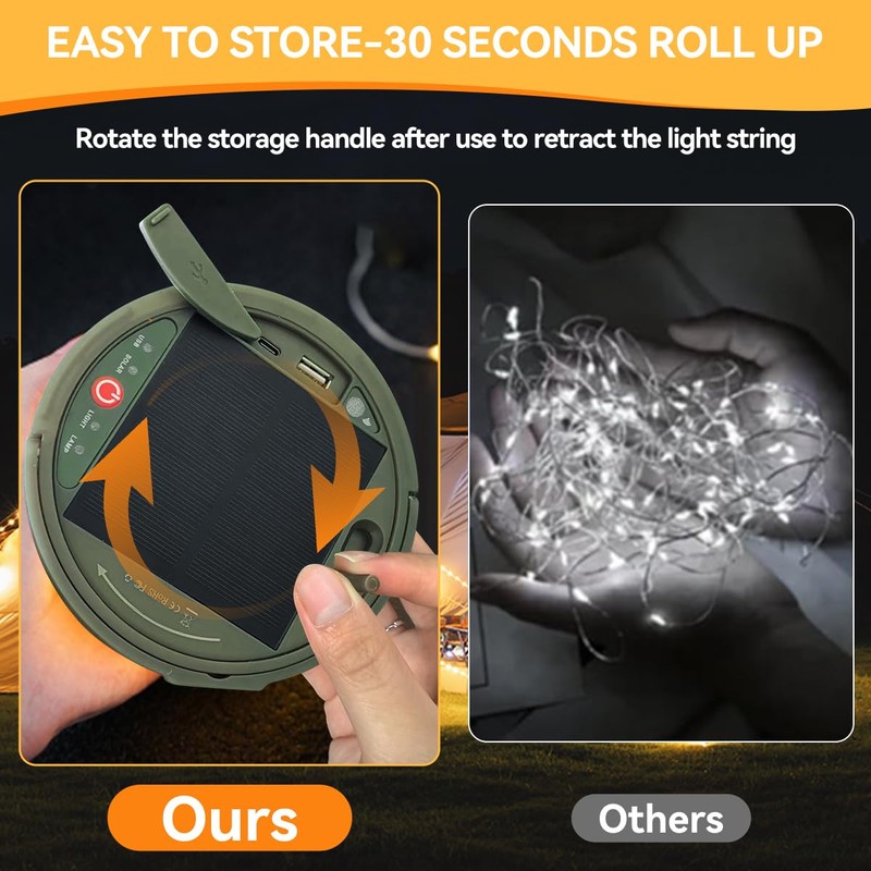 40FT Solar Camping String Lights, Rechargeable String Lights with 8
