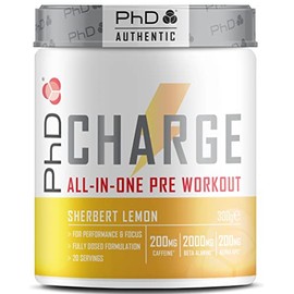 PhD Authentic Charge All-In-One Pre Workout with Creatine, Performance and Focus, High Caffeine, Sherbert Lemon Flavour, 20 Servings Per 300g Bottle