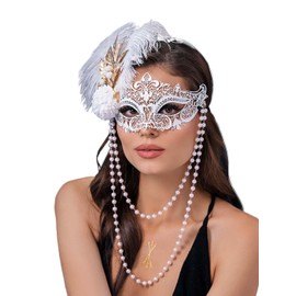 IYOU Maskerade Maske für Damen Weiß Maskerade Masken Feder Fasching Maske mit Perle Ketten Venezianischen Karneval Ball Abschlussball Party Gesicht Zubehör