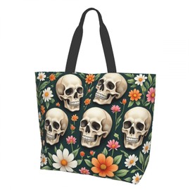 Cafl - Bolsa de hombro con diseño de calavera de flores oscuras, tamaño grande, reutilizable, ecológico, bolsa de playa, portátil, práctica para mujeres, gimnasio, viajes y compras